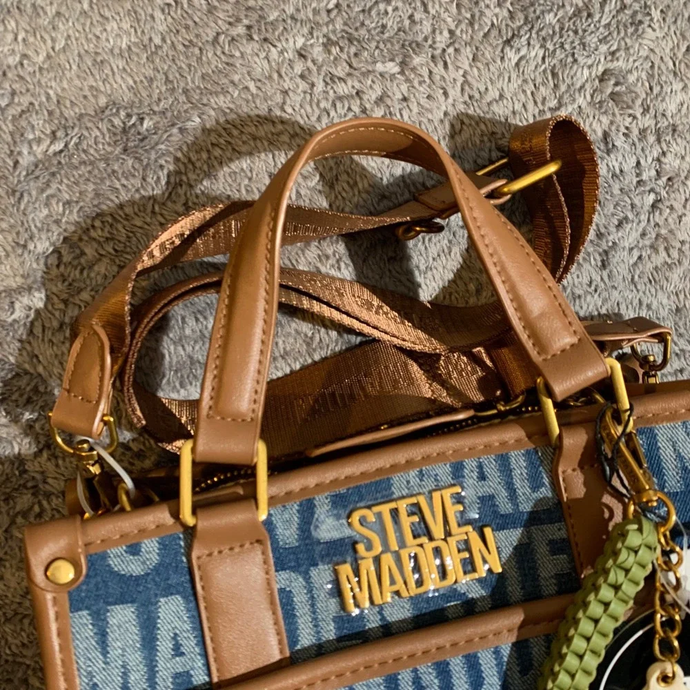 Steve Madden Womens Logo Print Denim Crossbody Bag Mini Tote Tan Blue NWT - Picture 3 of 9